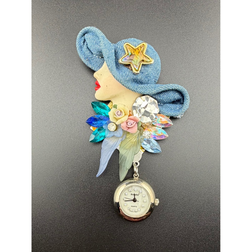 Bonetto Brooch Watch Blue Denim Lady Hat Floral Rhinestone Vintage Untested READ